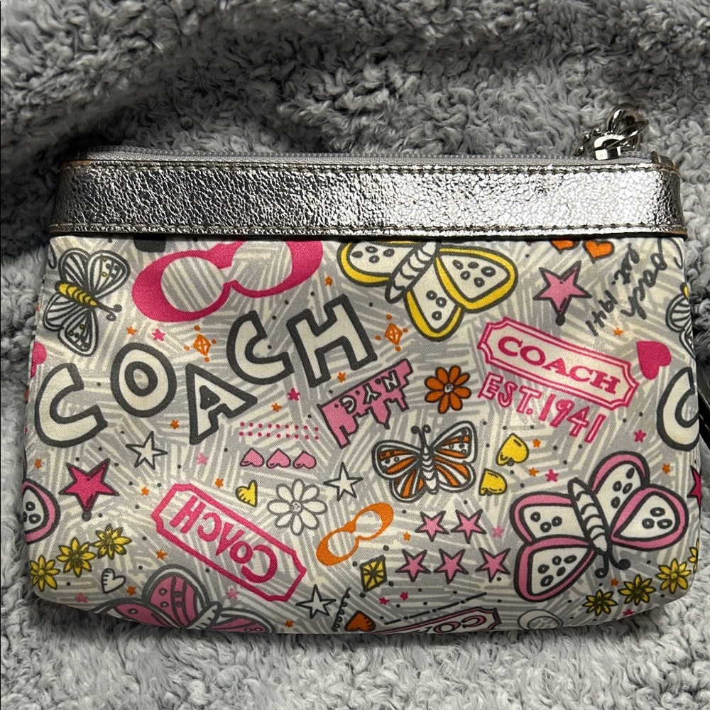 Coach Poppy Butterfly Graffiti Wristlet in Sateen Finish and Silver Hardware - Picture 2 of 11
